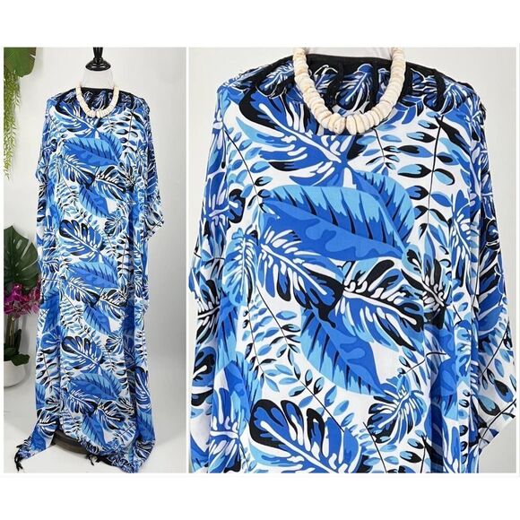 White/Black/Blue Tropical Foliage Hawaiian MAXI SARONG Kīkepa Pareo Beach Wrap - Picture 2 of 4